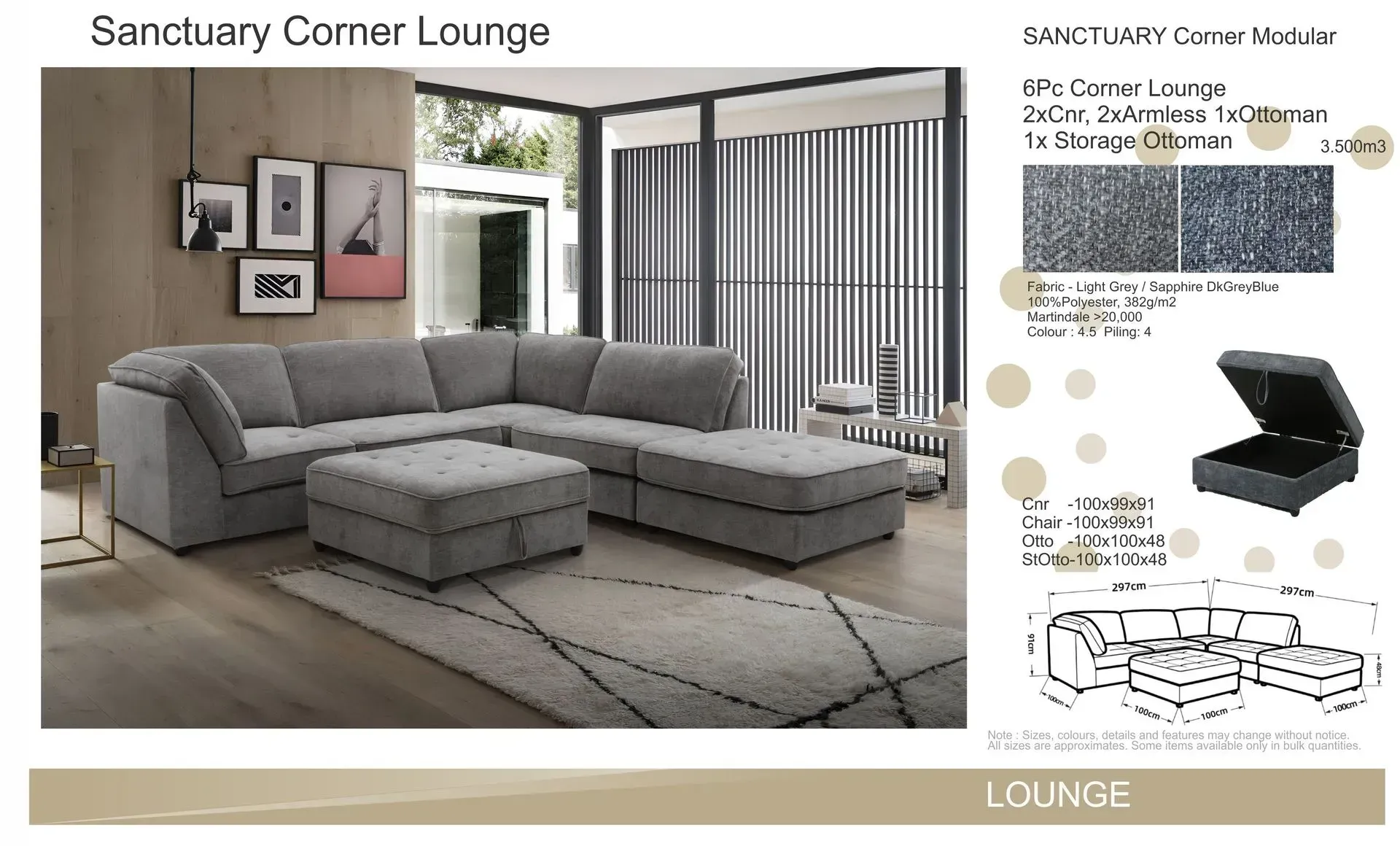 Modern gray sectional sofa in a bright lounge with window, ottoman, wall art, and design swatches.