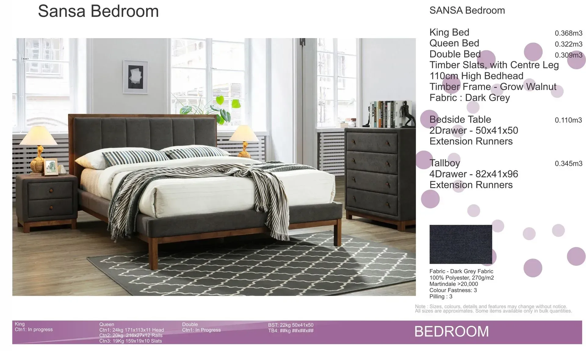 Bedroom with gray upholstered bed, patterned bedding, dark dresser, and soft white curtains in a bright modern room
