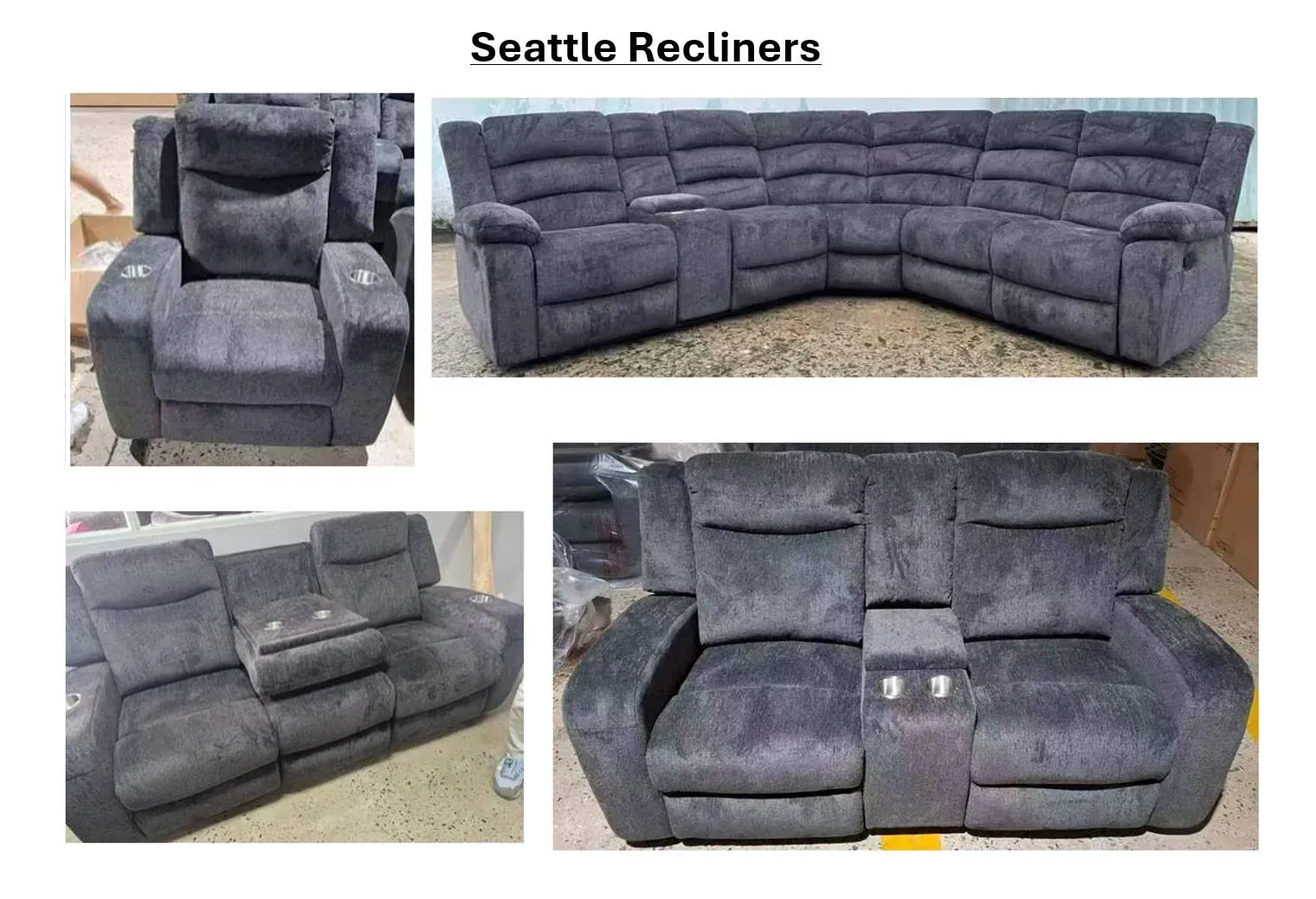 Collage of gray reclining sectional sofas, labeled โSeattle Reclinersโ