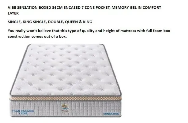 White tufted box spring mattress with text advertising 16-inch pillow-top comfort.