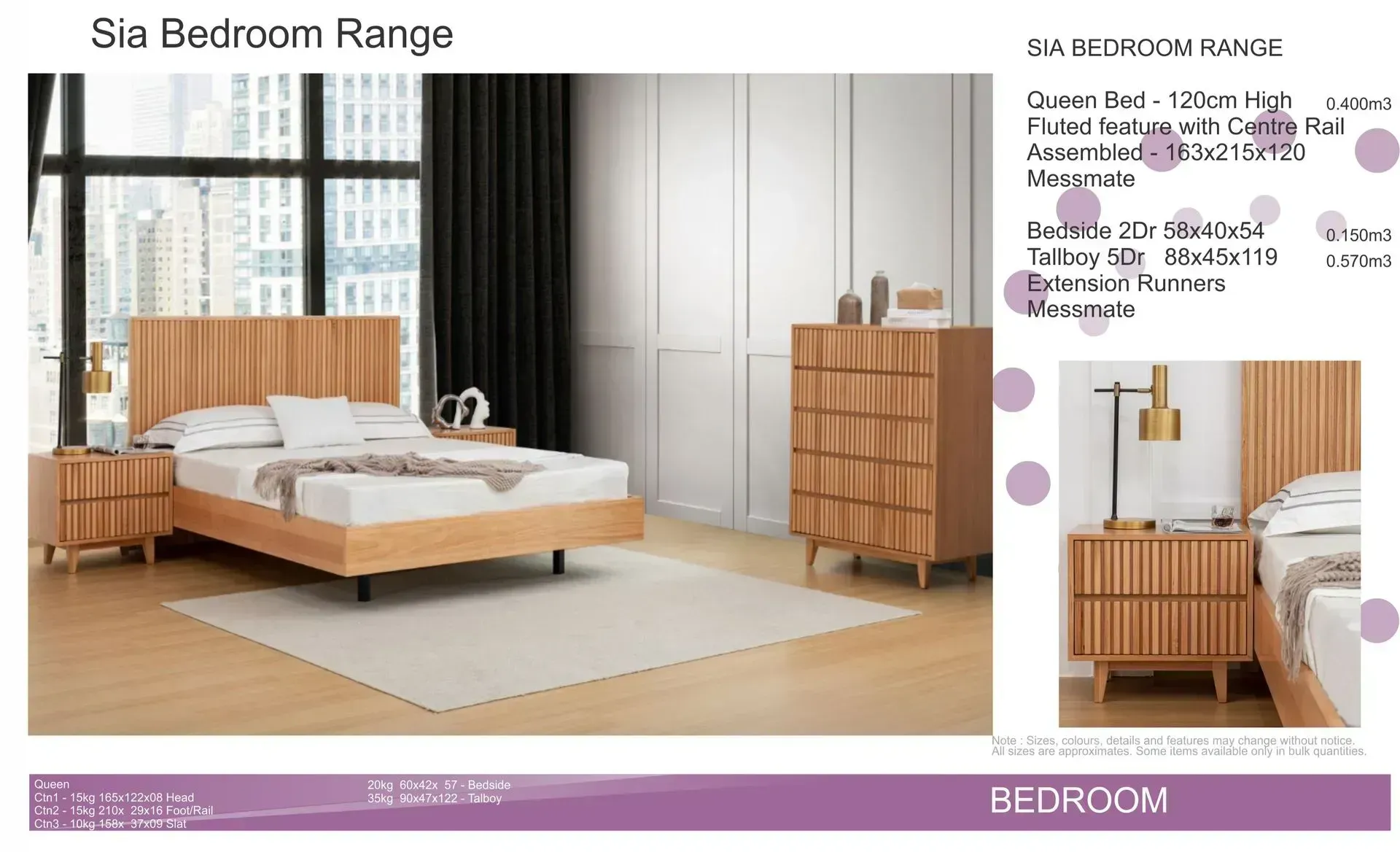 Modern bedroom set with wooden platform bed, dresser, nightstand, mirror, and neutral decor.
