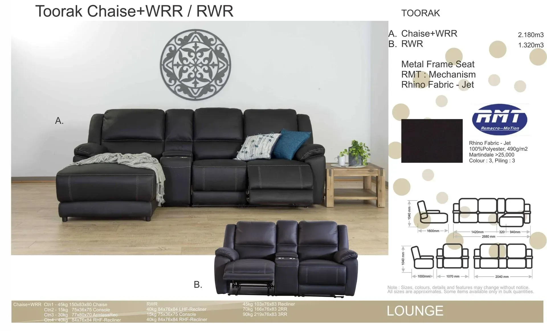Black modular sectional sofa with recliners and blue pillows in a modern living room display.