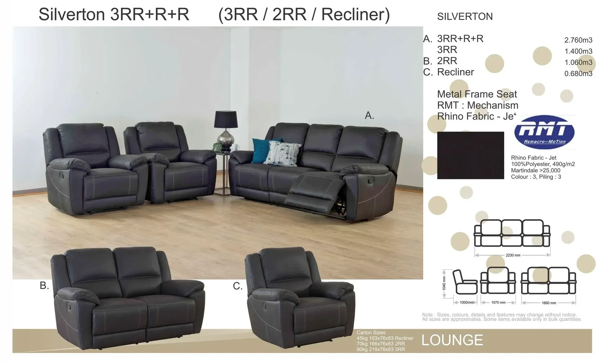 Black 3-piece reclining sofa set shown in multiple configurations on a beige floor backdrop