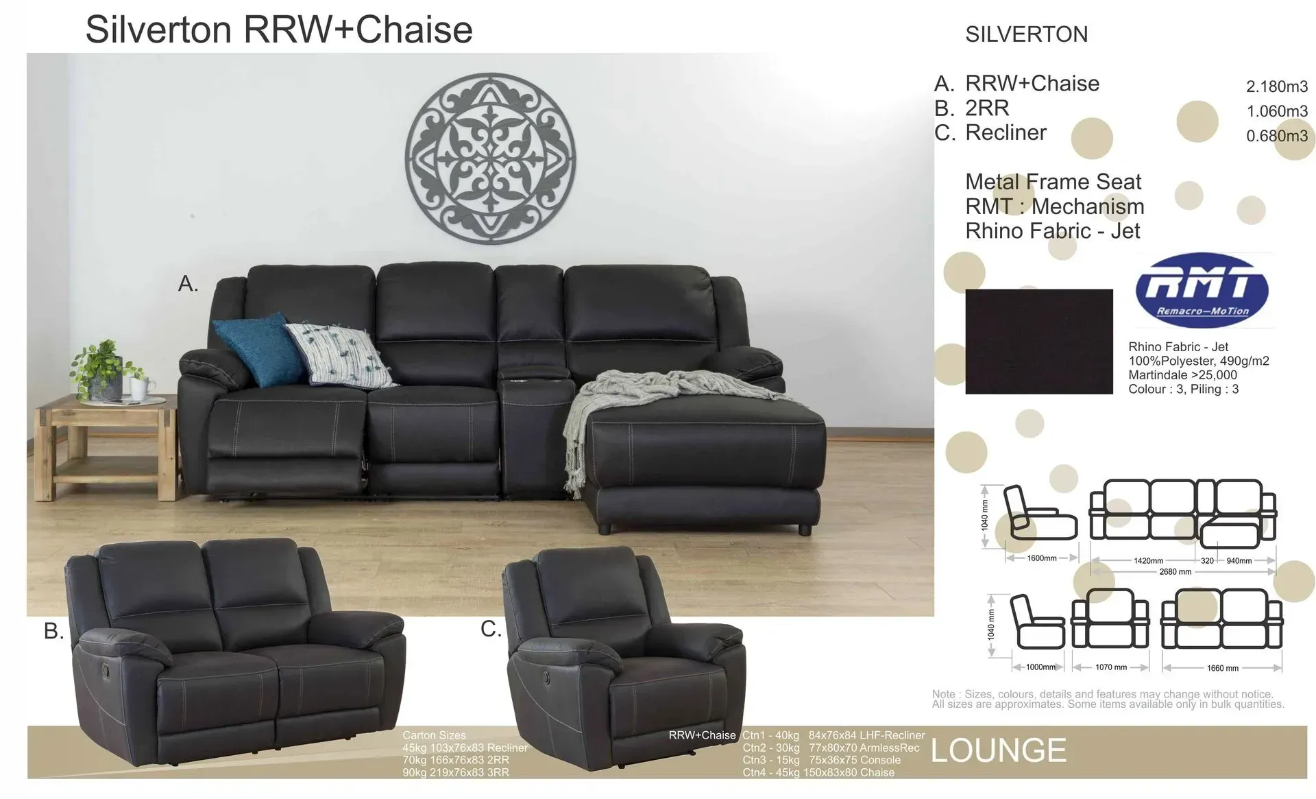 Black sectional sofa with chaise, shown in multiple views on a product catalog page.
