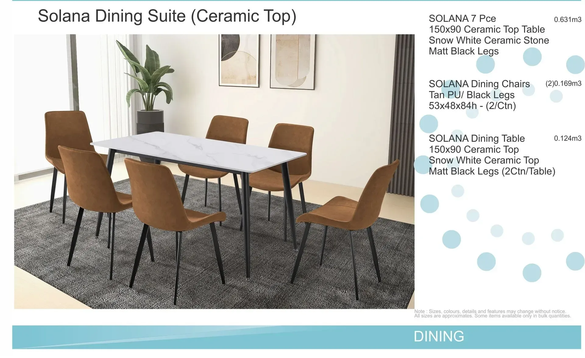 Modern dining set with white ceramic table, brown chairs, and light rug in a bright room