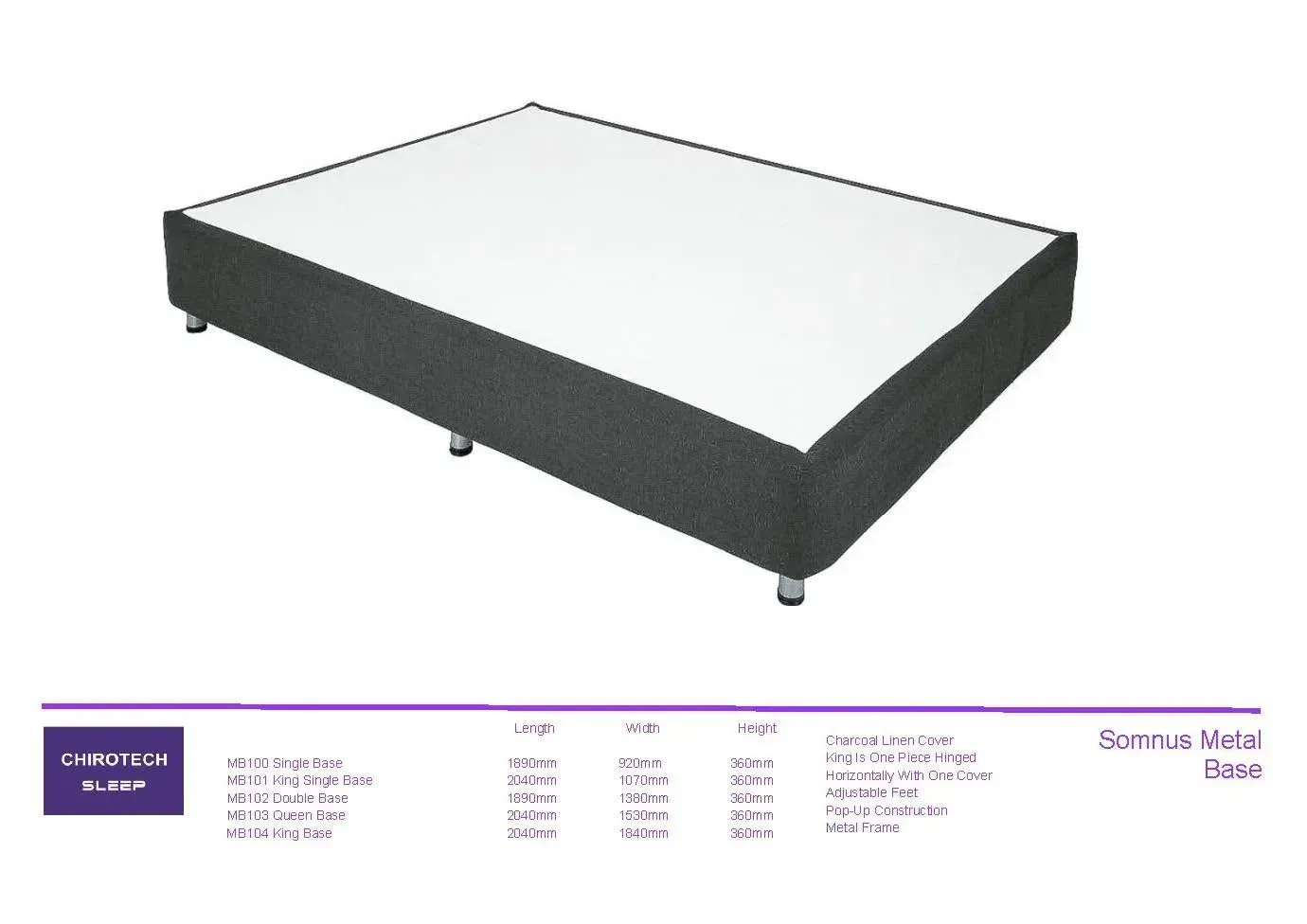 White mattress on a dark base with short legs, shown on a white background.