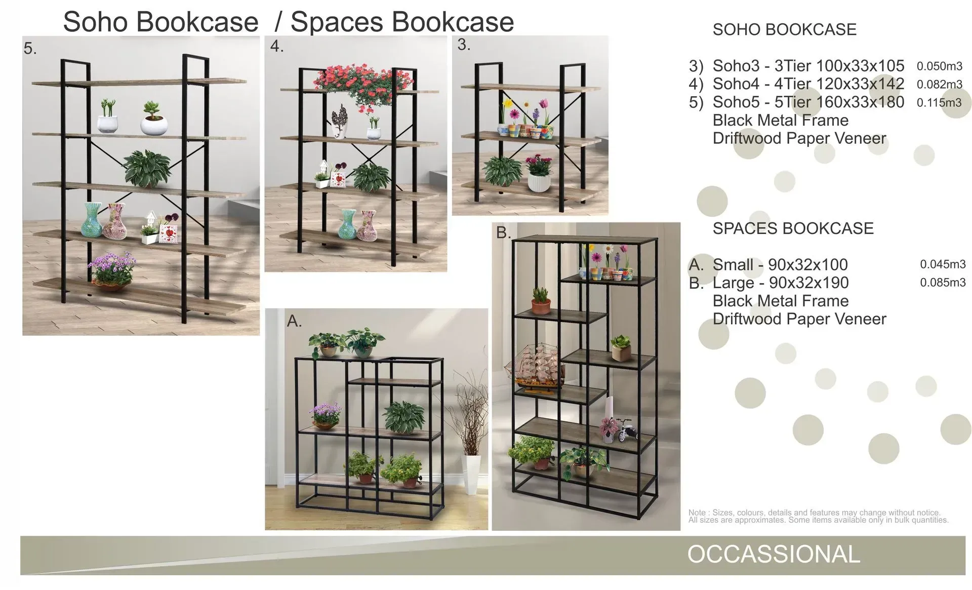Promotional collage of black metal boho bookcases styled with plants and decor in a living room.