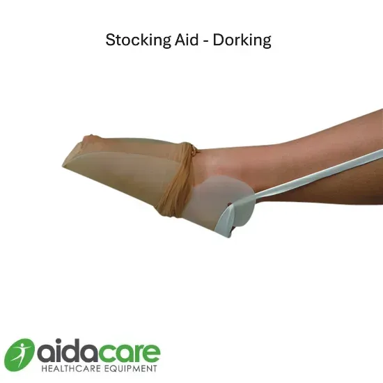 Stocking aid for Dorking, showing a leg pulling on a beige compression stocking with a metal assist tool