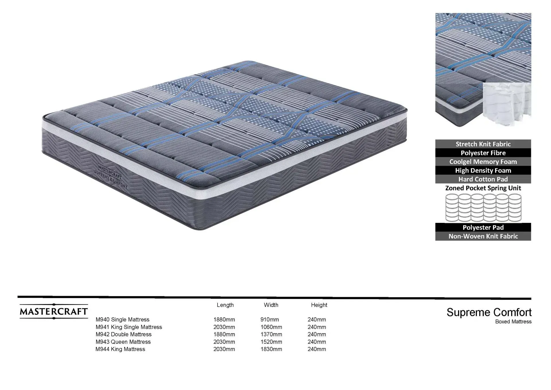 Gray quilted mattress with blue top and product specifications layout on white background
