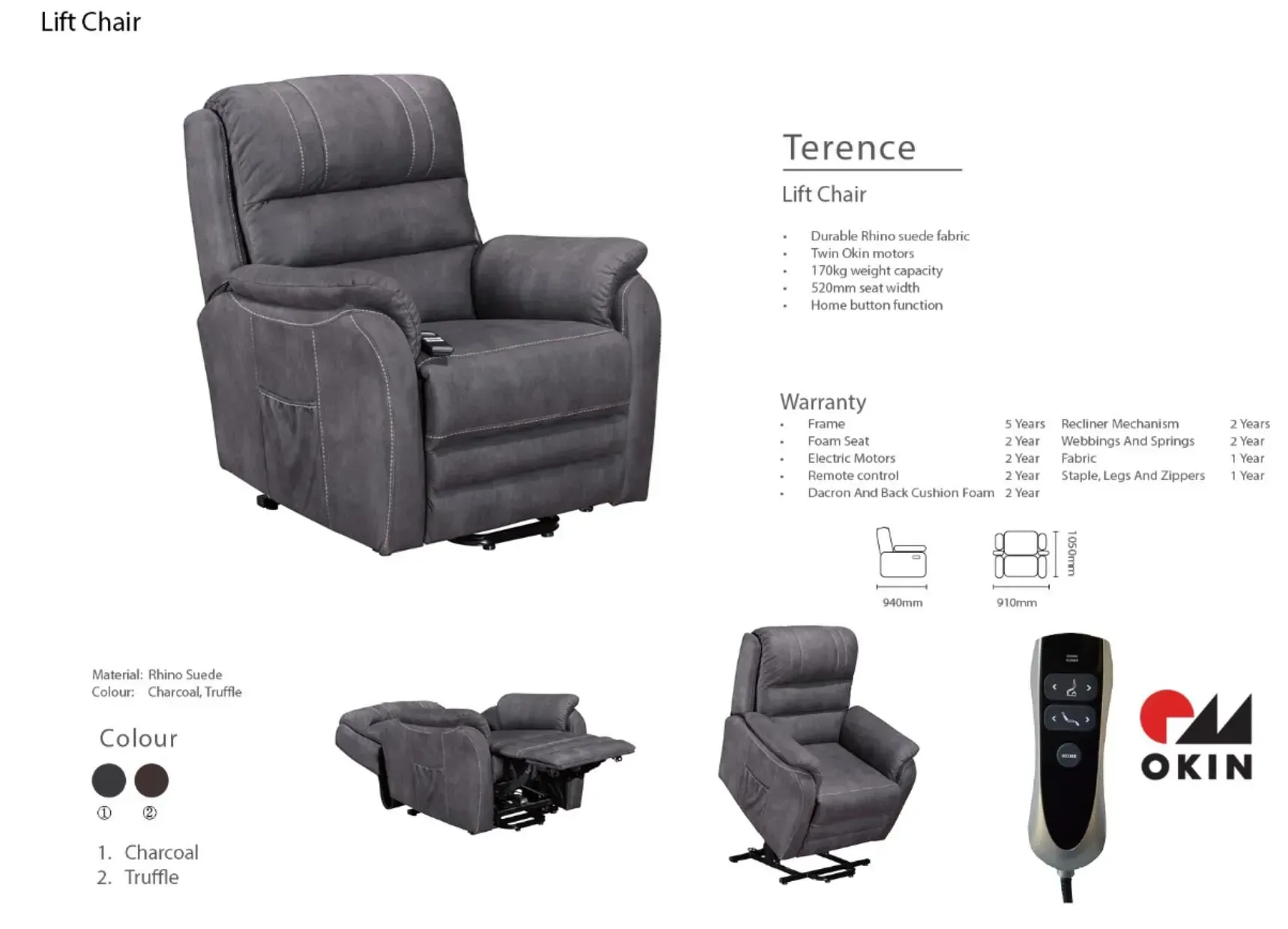 Gray reclining lift chair product listing with remote control and size details