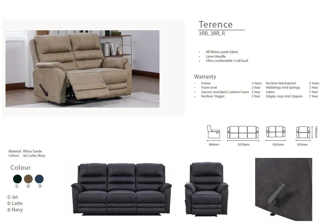 Furniture catalog page showing a beige recliner sofa and a black sofa set with product details
