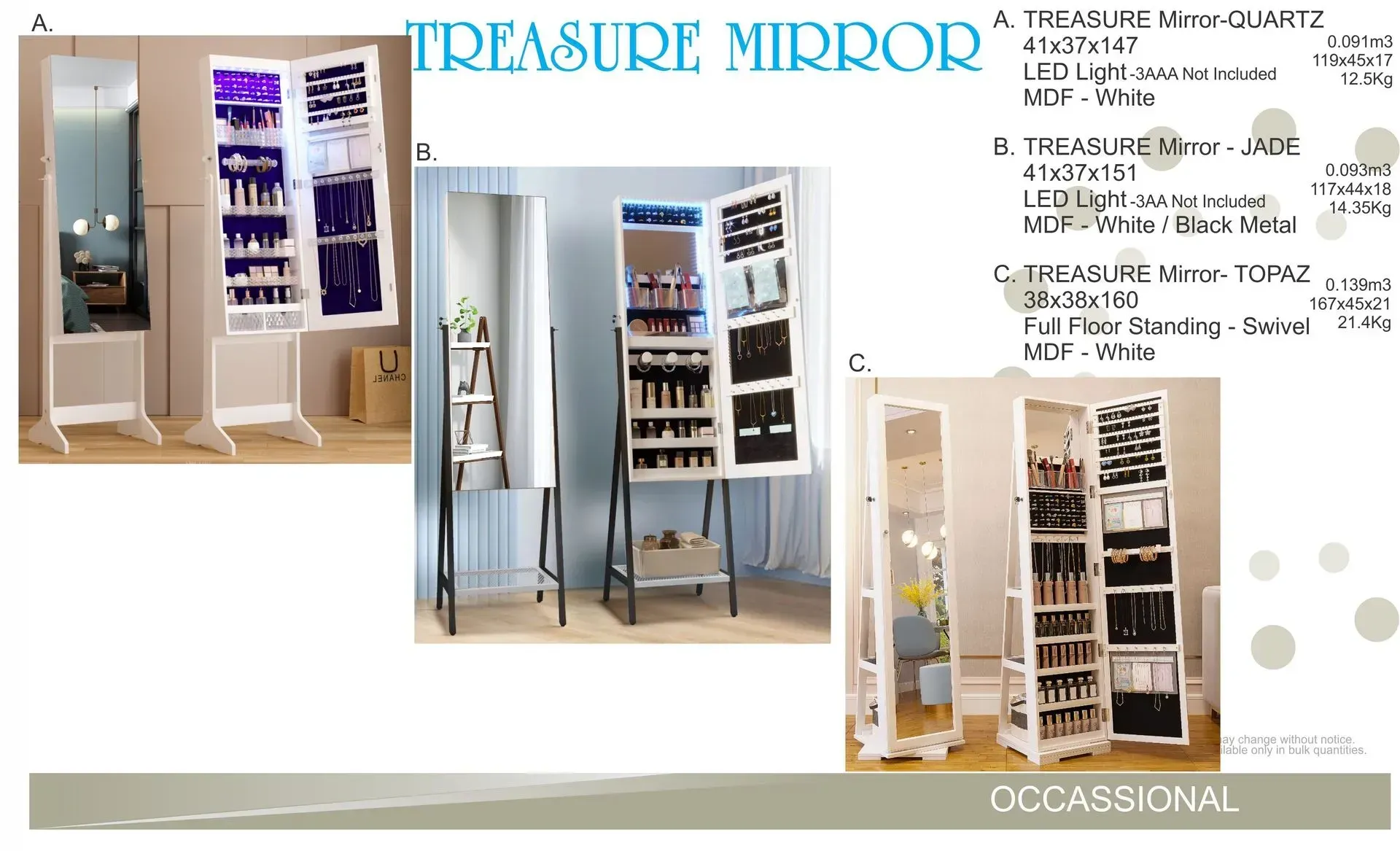 Treasure mirror display stand with white frame and shelves, shown in several sizes and finishes.