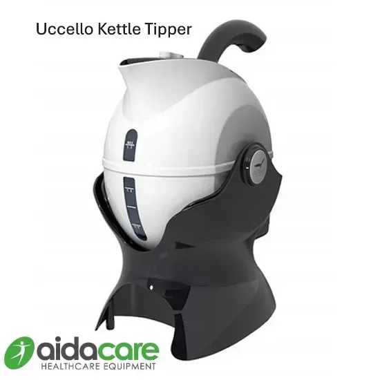 Uccello kettle tipper with white kettle in black tilting stand and base