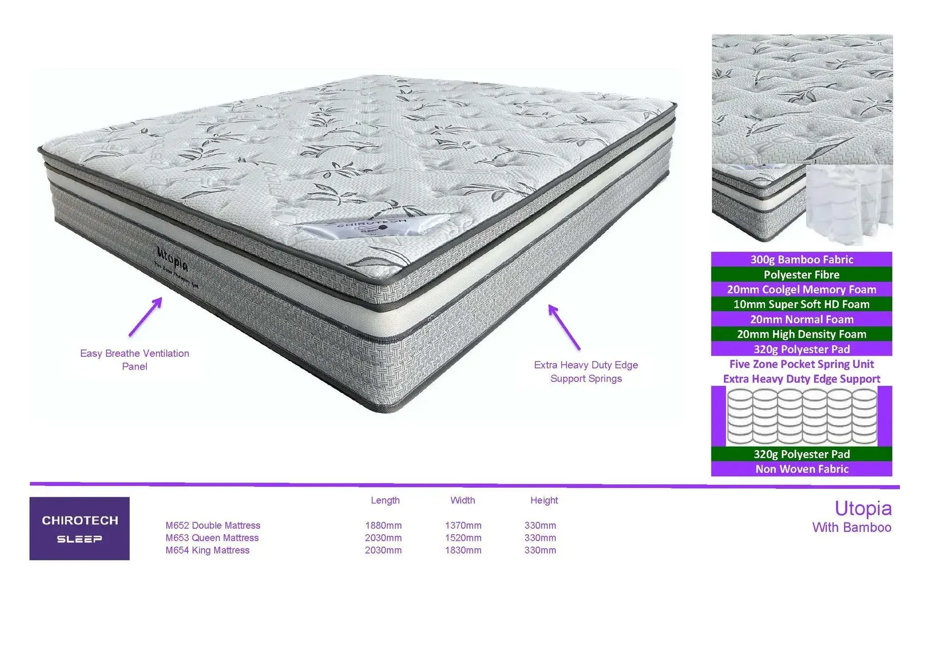 White speckled flooring tile with layered cross-section and product specs chart on the right