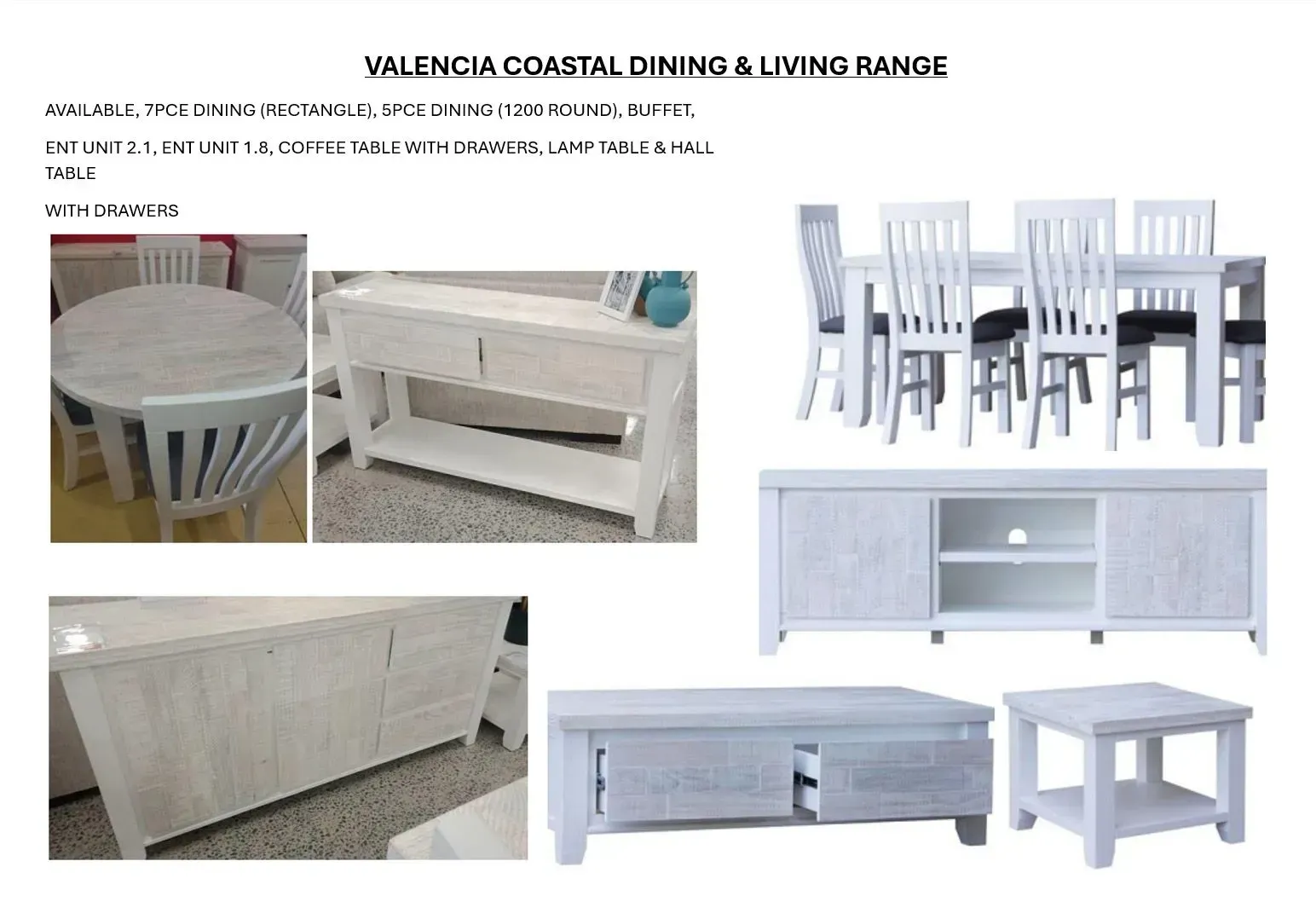 Collage of white coastal-style dining and living room furniture, including table, chairs, cabinet, console, and coffee table