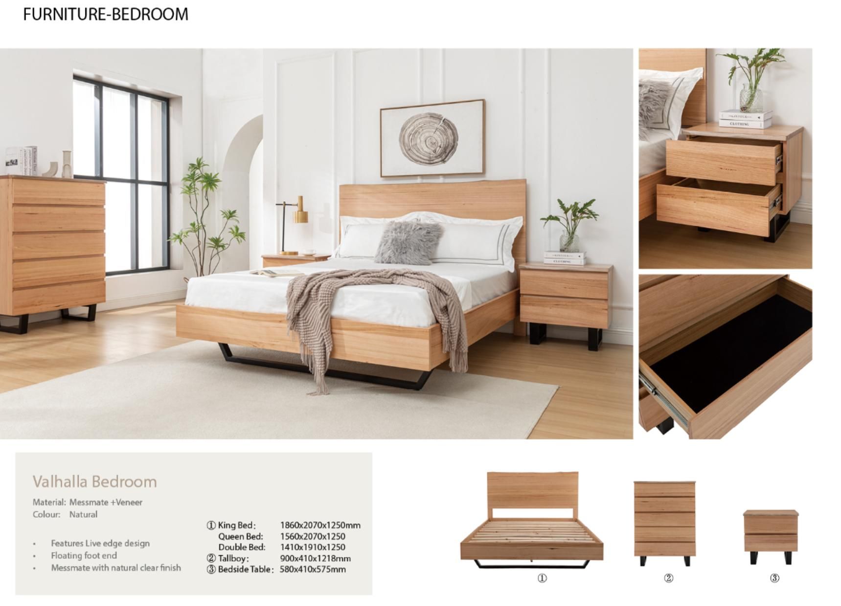 Modern light wood bedroom set with bed, dresser, nightstand, and storage drawers in a bright room