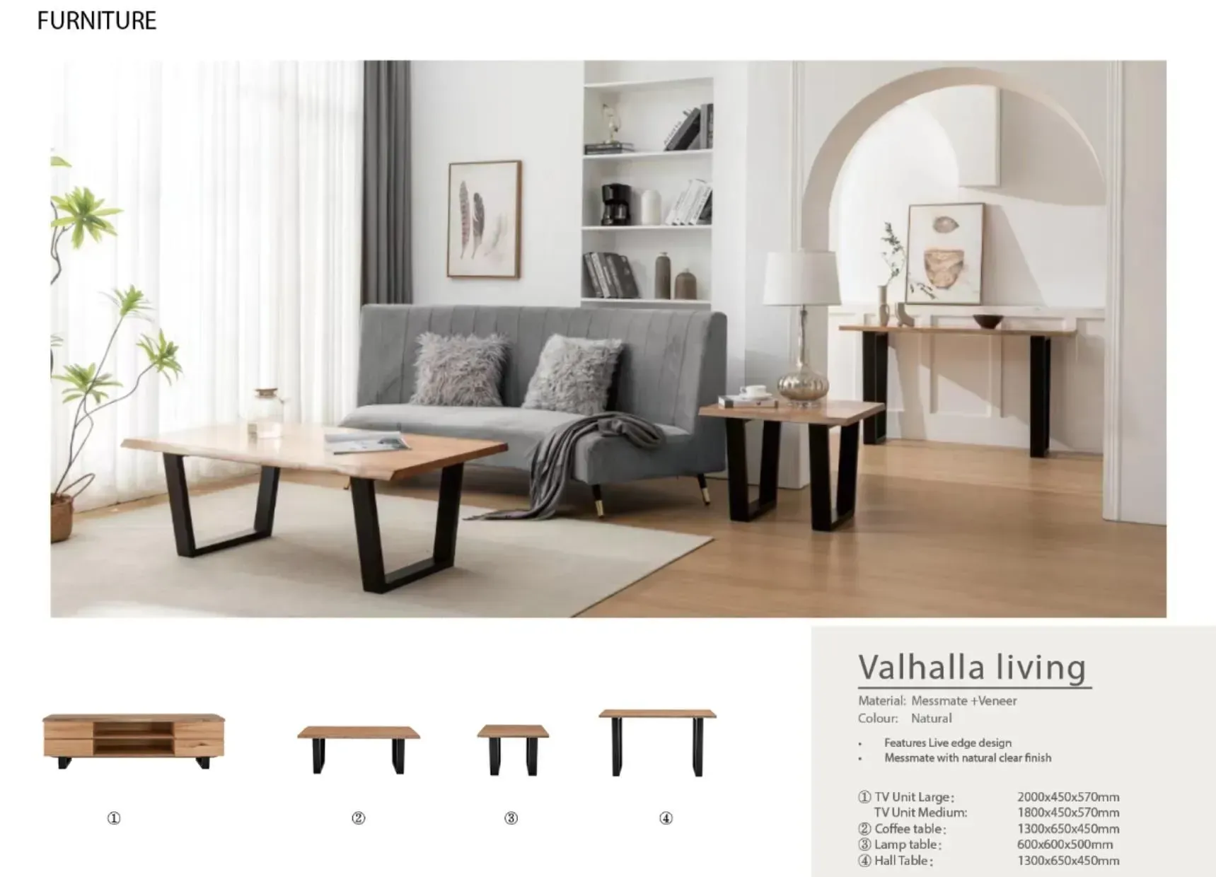 Modern living room furniture set with gray sofa, coffee tables, shelves, and console in a bright neutral room