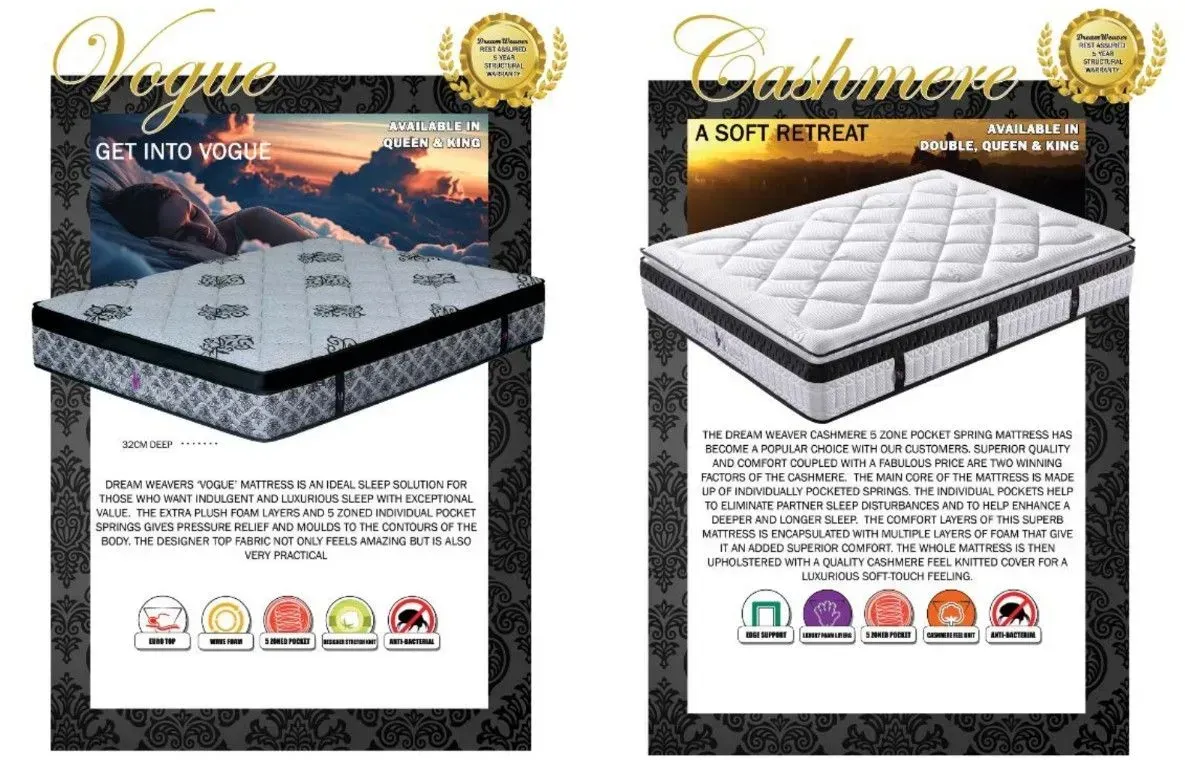 Two mattress product ads side by side, one gray quilted and one white tufted, with product text and icons.