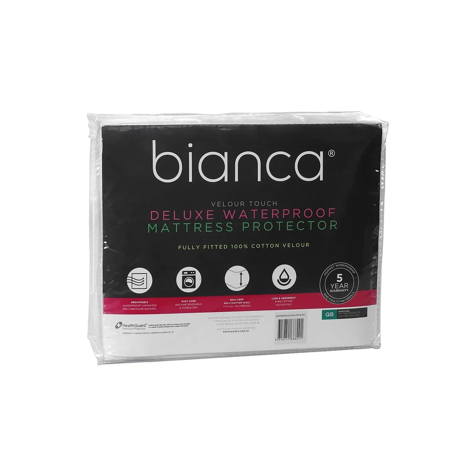 Bianca deluxe waterproof mattress protector package, black and white with pink accents