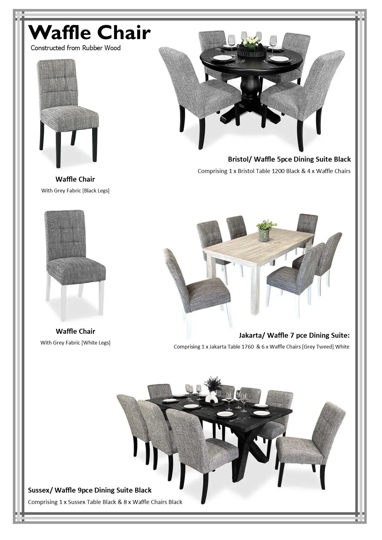 Waffle Chair furniture ad showing gray upholstered chairs around dining tables in multiple settings.
