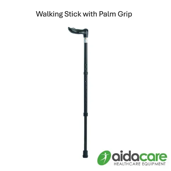 Black walking stick with palm grip, labeled “Walking Stick with Palm Grip” and Aidacare logo.