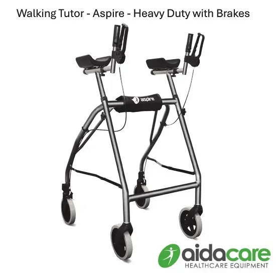 Black folding walker with hand brakes and front wheels, shown on a white background with Aidacare branding