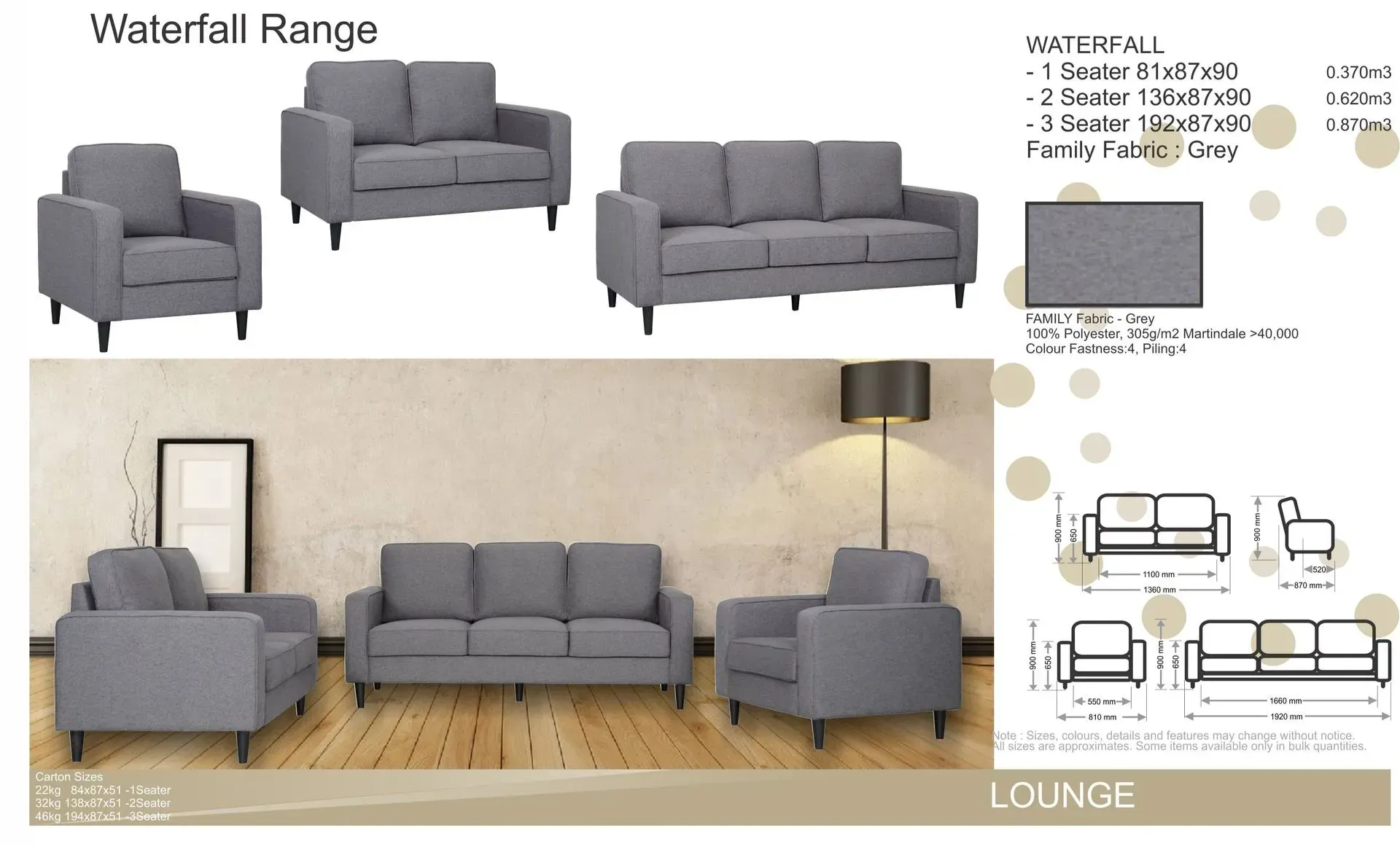 Gray modular sofa set with loveseat, chair, and ottoman in a beige living room, shown in multiple views