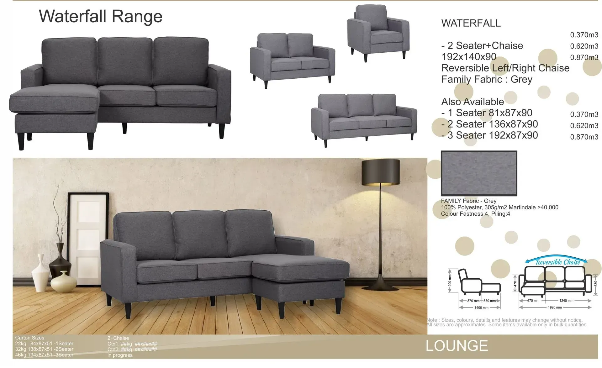 Gray sectional sofa with chaise and matching chair shown in a living room setting with product details.