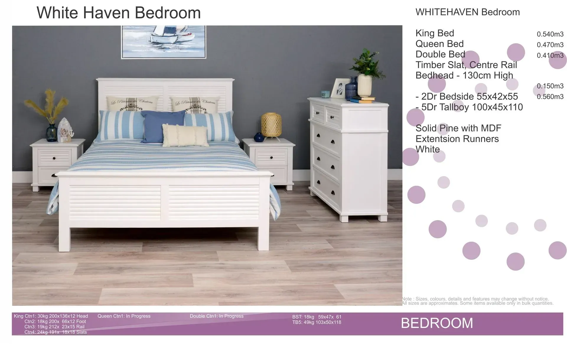 White bedroom with a bed, nightstands, dresser, lamp, and blue-gray decor on a gray wall.