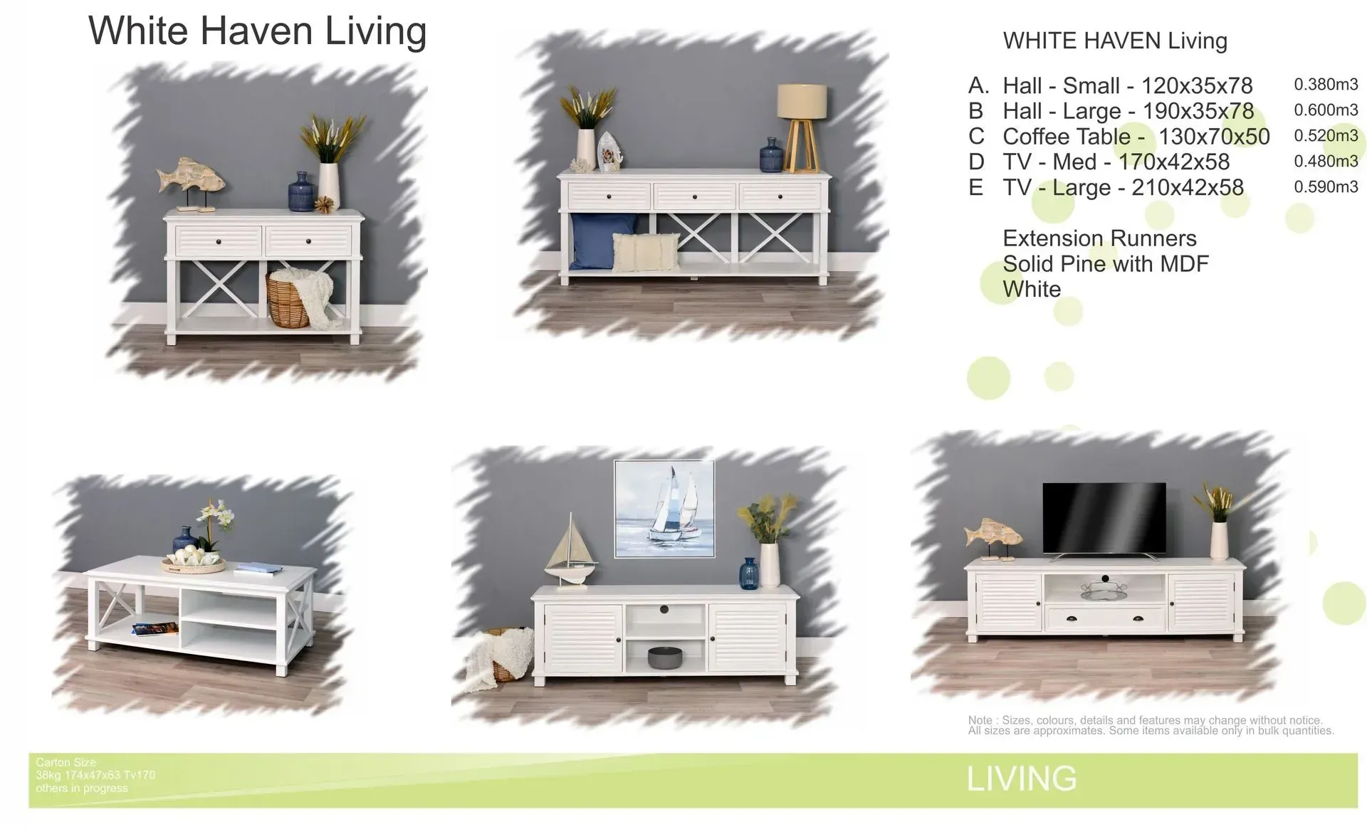 Living room furniture collage with white cabinets, shelves, and a TV stand in a modern home decor layout
