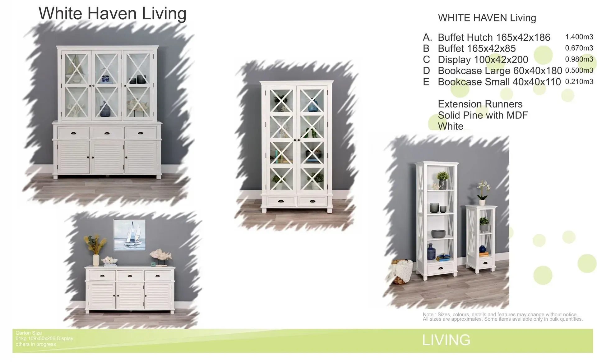 White farmhouse-style living room furniture set with cabinet, dresser, and mirror in light gray and white