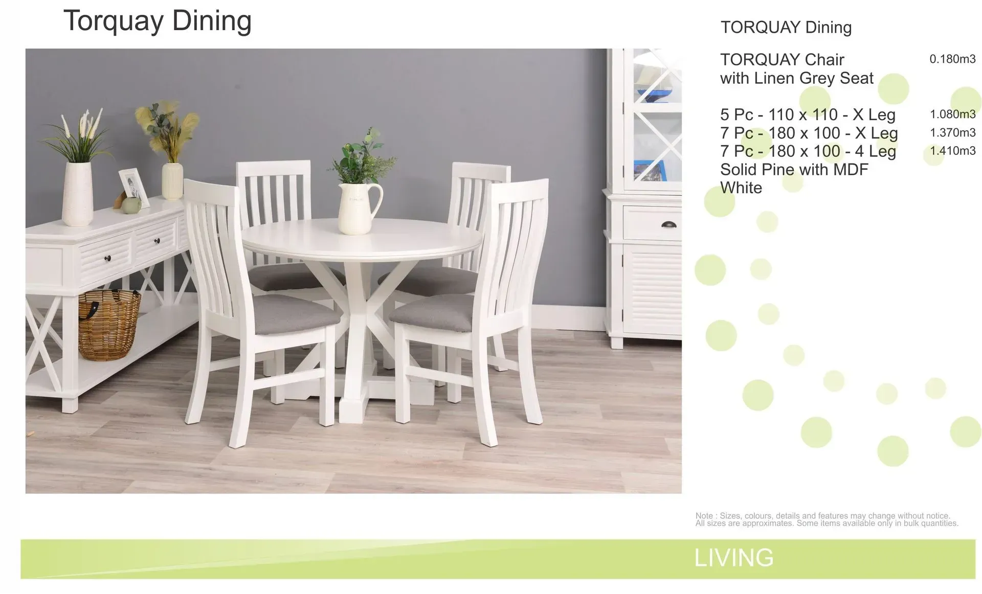 White dining table set with four chairs in a bright gray room, product catalog layout