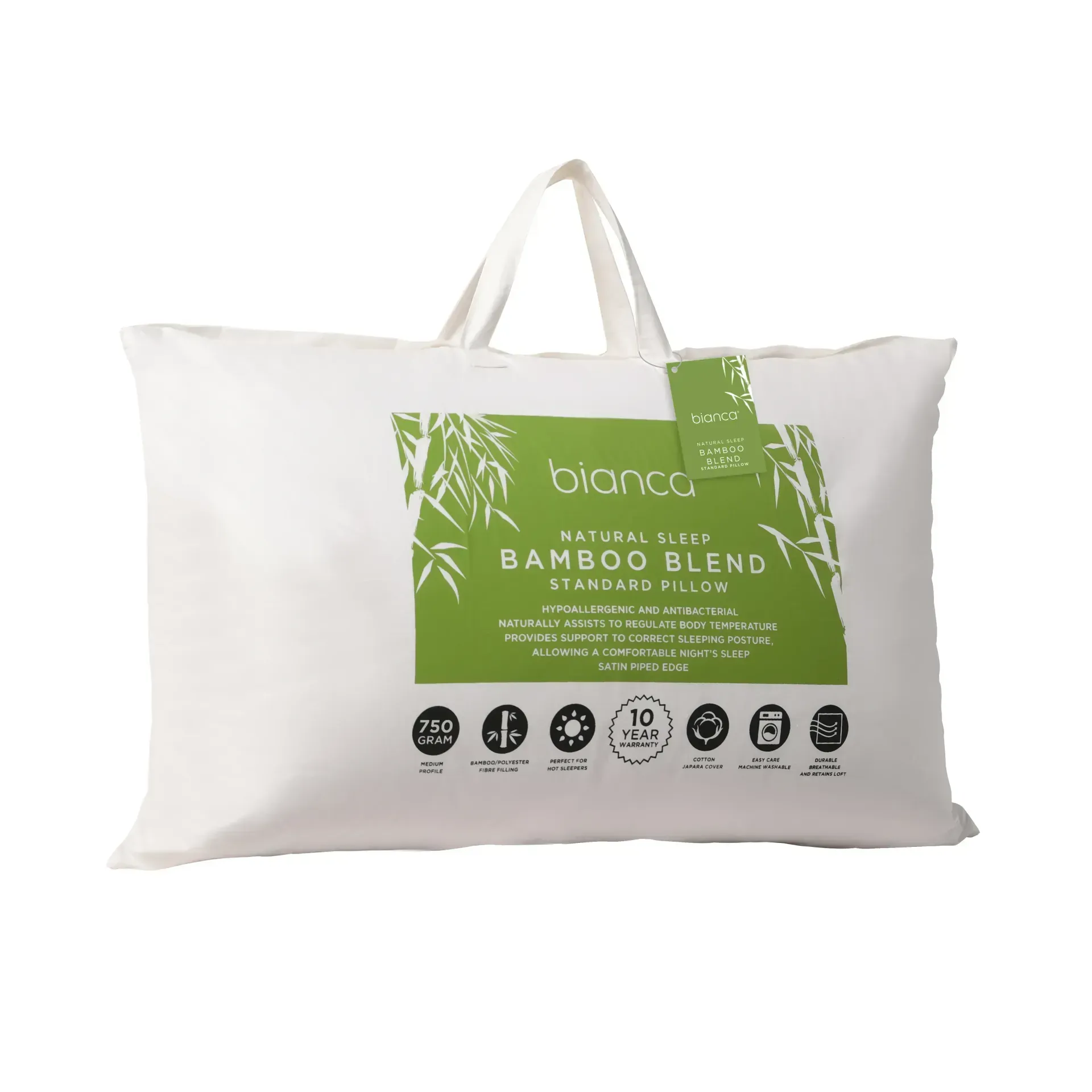 White tote bag with green “Bamboo Blend” label and handles on a plain background