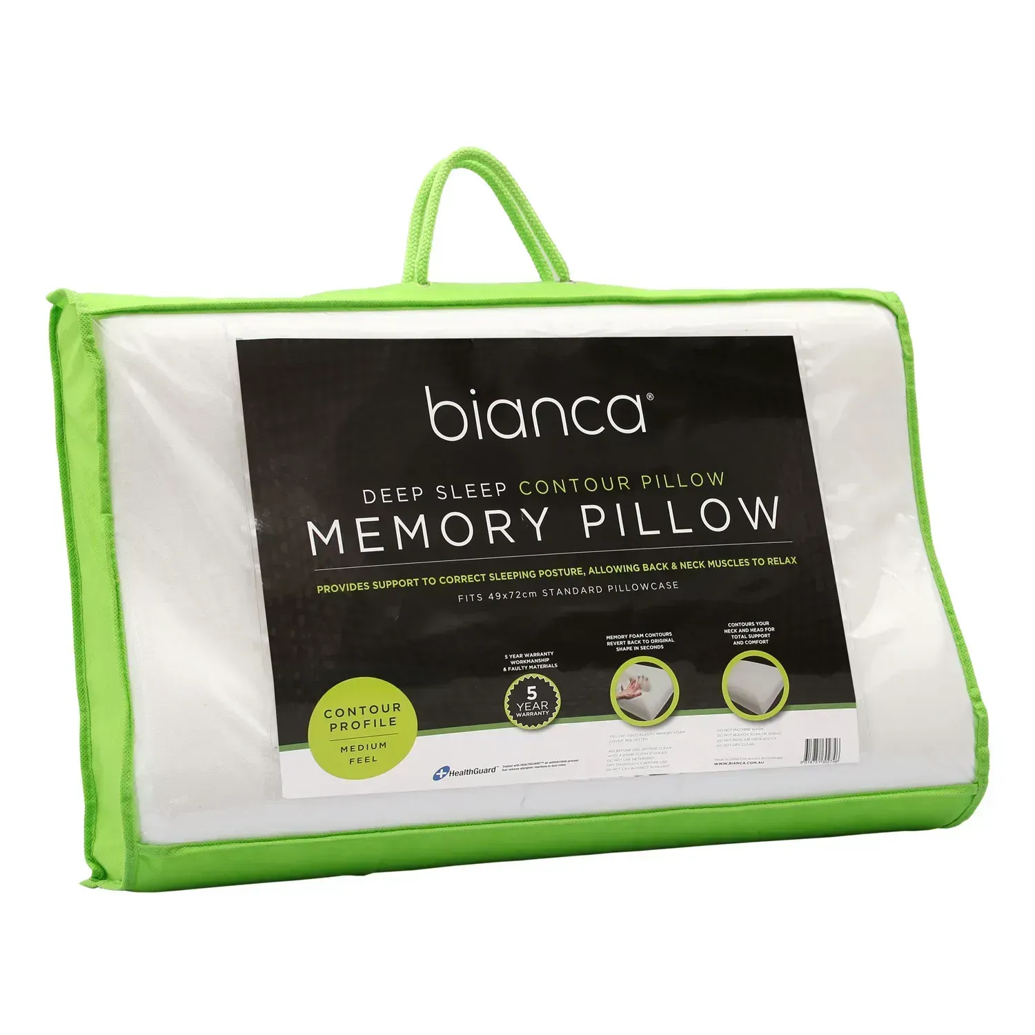 Green-trimmed Bianca memory pillow in clear zippered carry case on white background