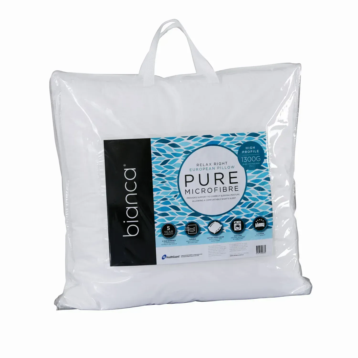 White Bricaco Pure Microfiber bedding bag with blue label and handle on a white background