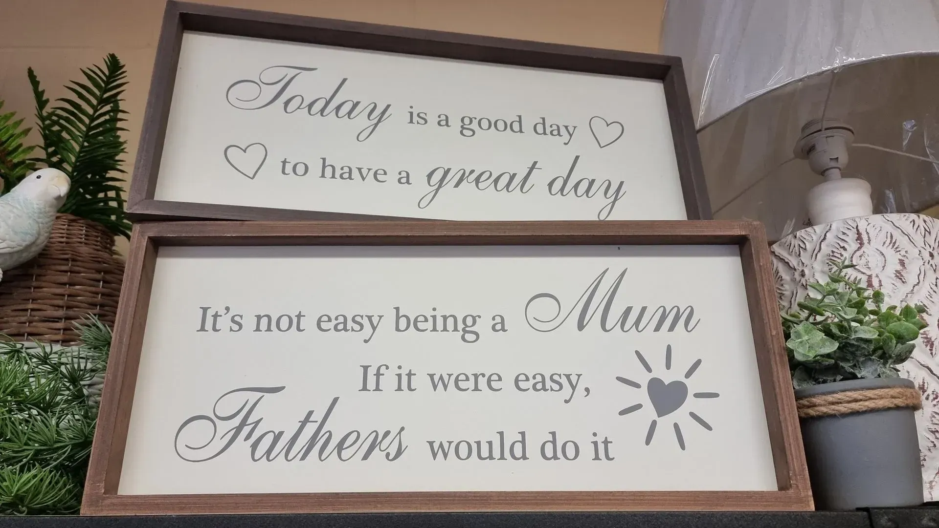 Decorative wooden signs with inspirational quotes on a shelf, in neutral tones with small plants and decor