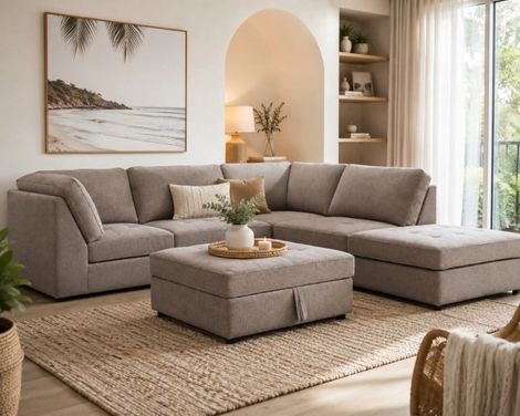 Modern living room with a beige sectional sofa, ottoman, woven rug, and coastal wall art by a bright window