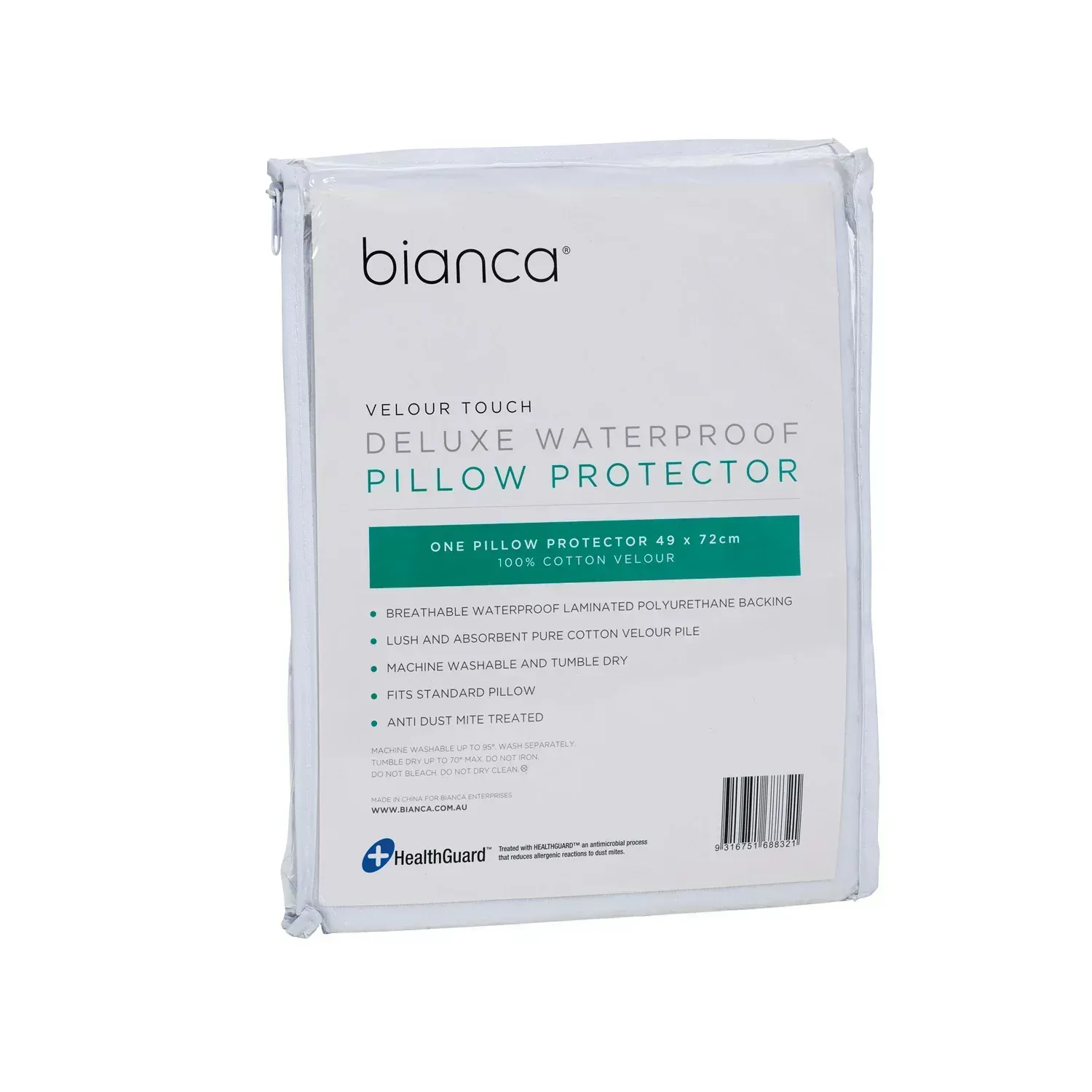 Bianca Deluxe Waterproof Pillow Protector package in white with teal accents