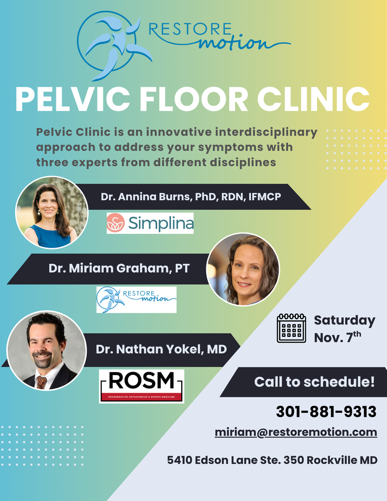 Pelvic Floor Clinic event flyer with doctors, Saturday Nov. 7, call 301-881-9313, ROSM logo and locations