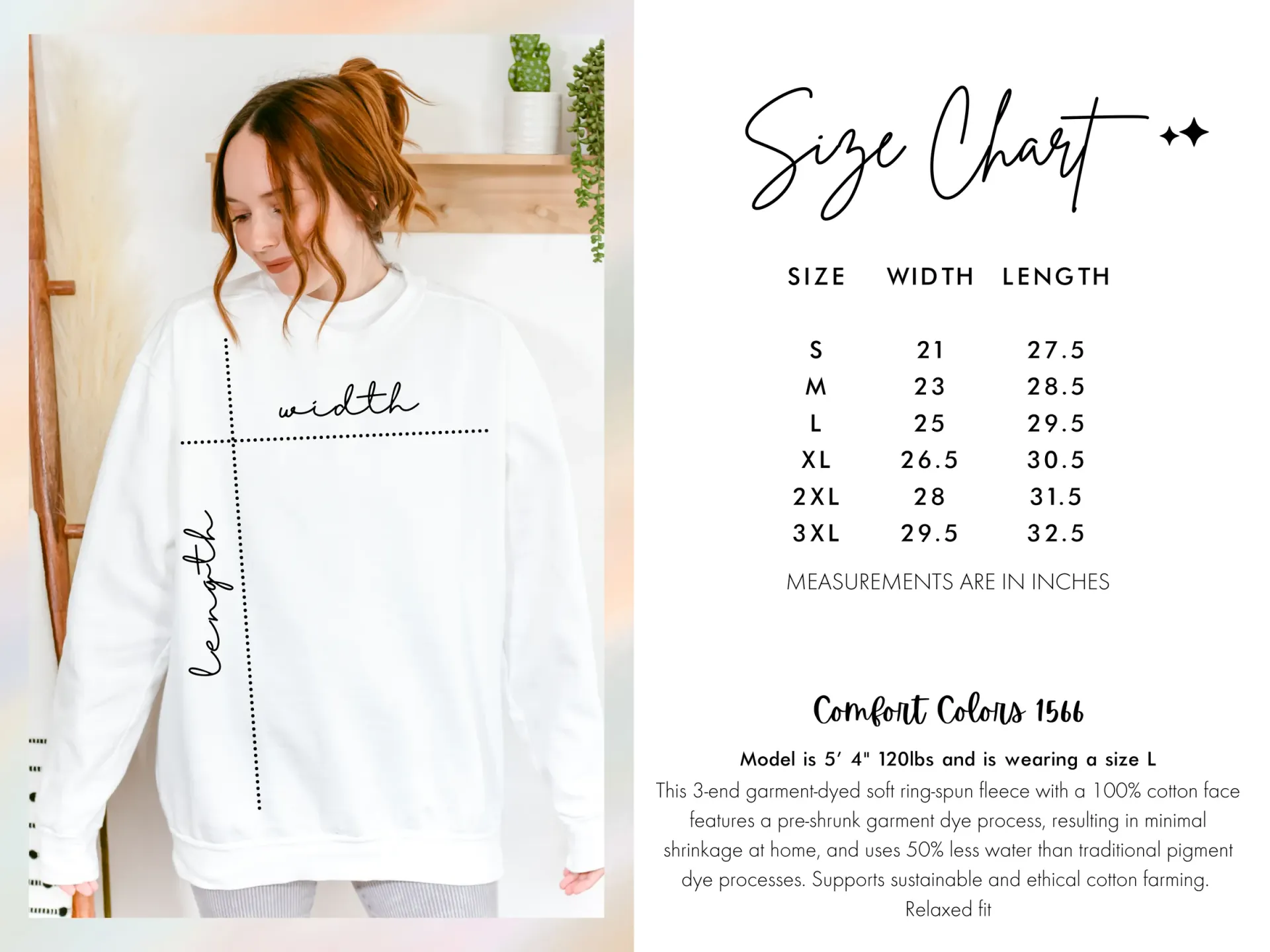 A woman is wearing a white sweatshirt and a size chart.