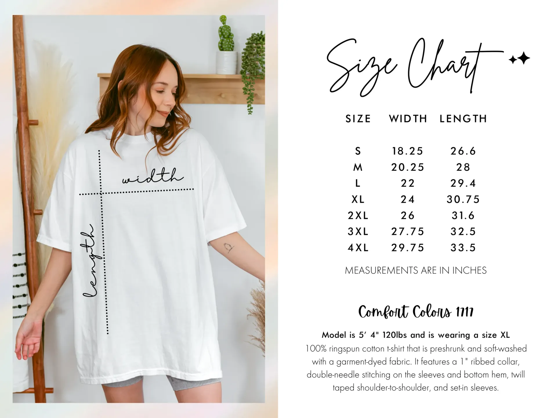 A woman is wearing a white t-shirt with a size chart.
