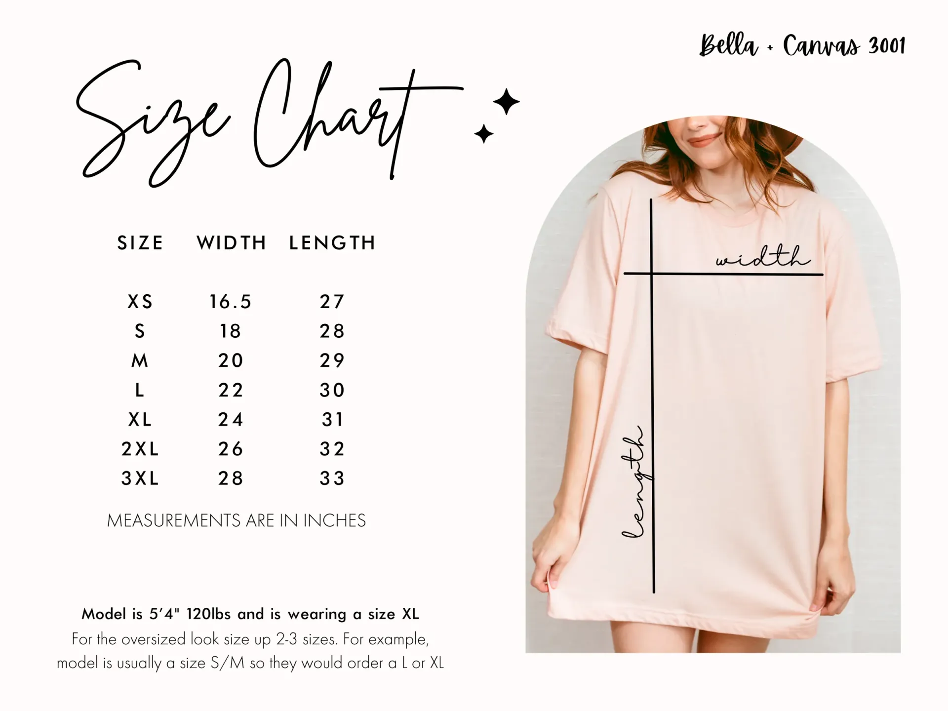 A woman is wearing a pink t-shirt dress with a size chart.