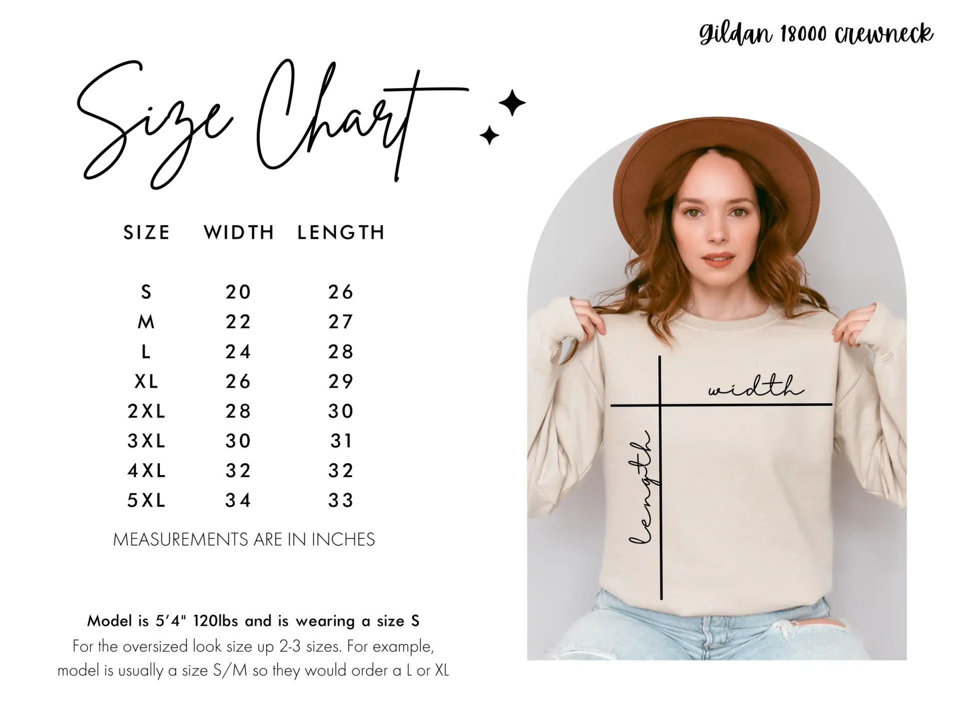 A woman is holding a sweater in front of a size chart.