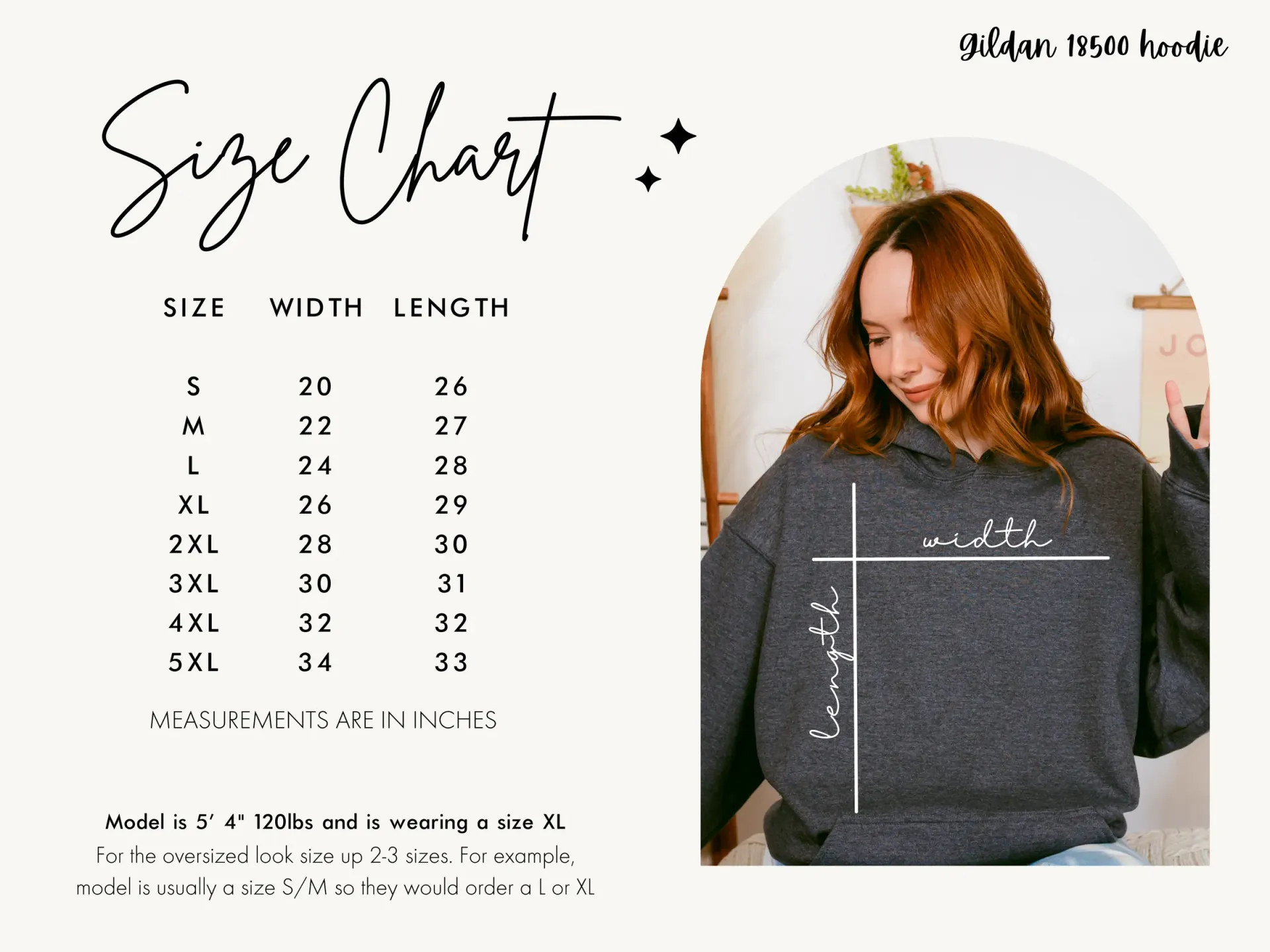 A woman is sitting in front of a size chart for a hoodie.