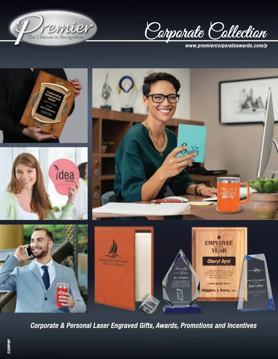 A brochure for the premier corporate collection shows a woman sitting at a desk holding a plaque.