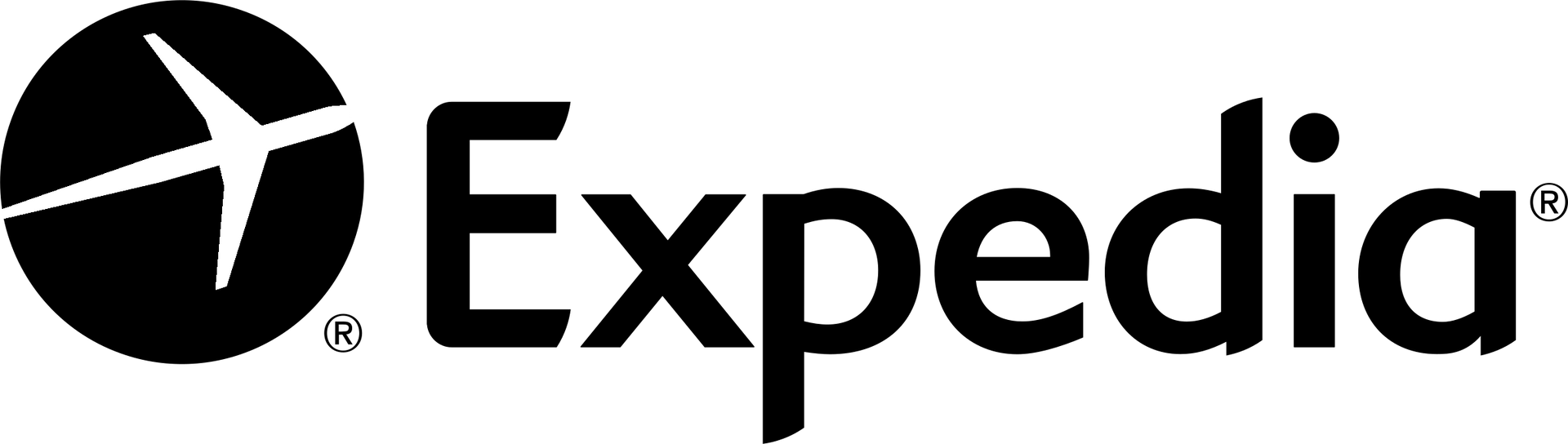 Expedia logo: A black circle with a white stylized airplane, next to the word 