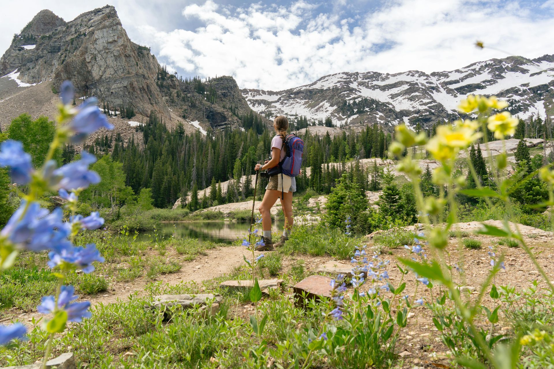 Woman hikes on a trail with a mountain backdrop, surrounded by wildflowers and trees.