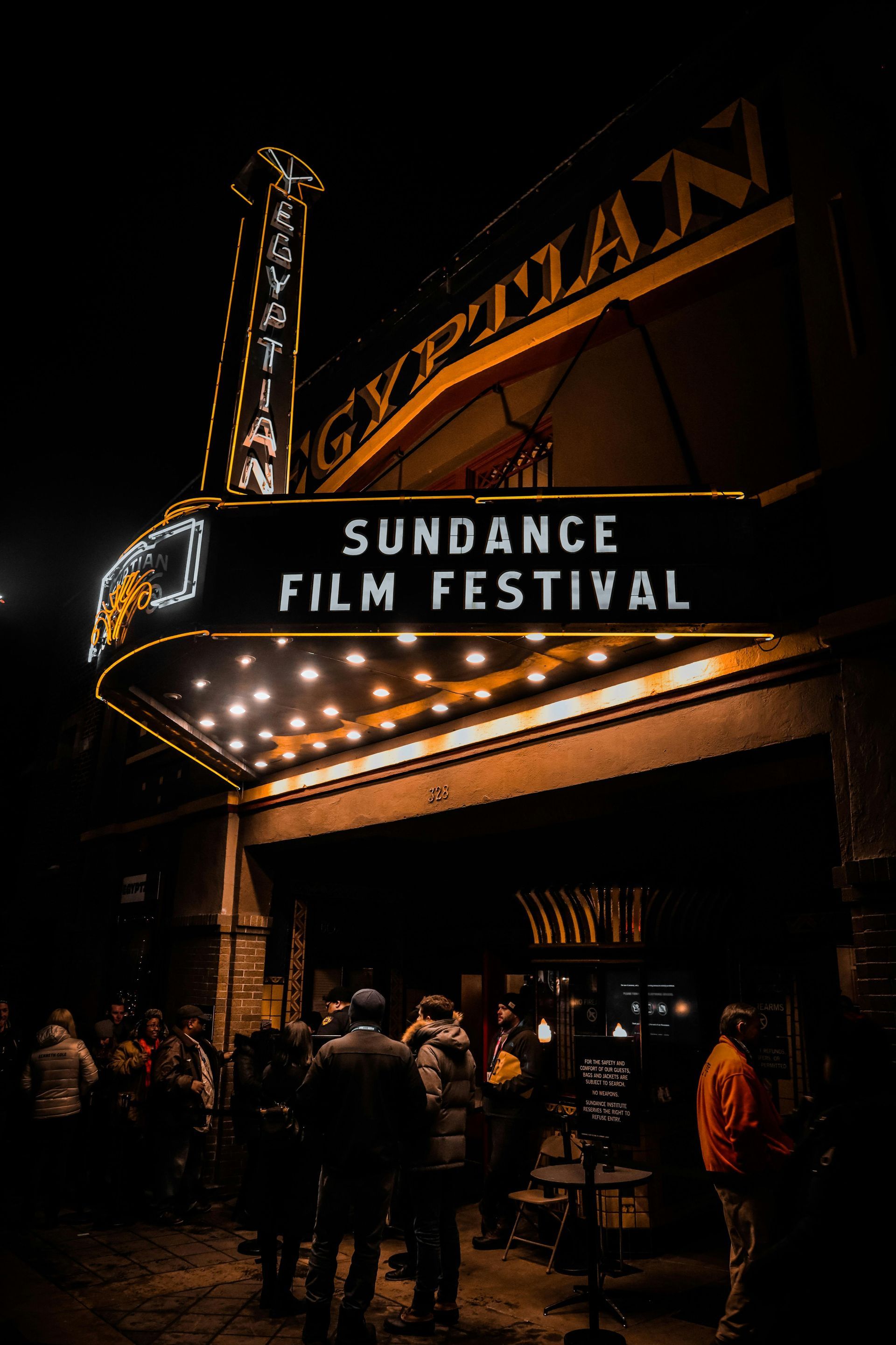 Egyptian Theatre marquee lit up at night; 