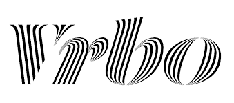 Vrbo logo with black and white striped letters.