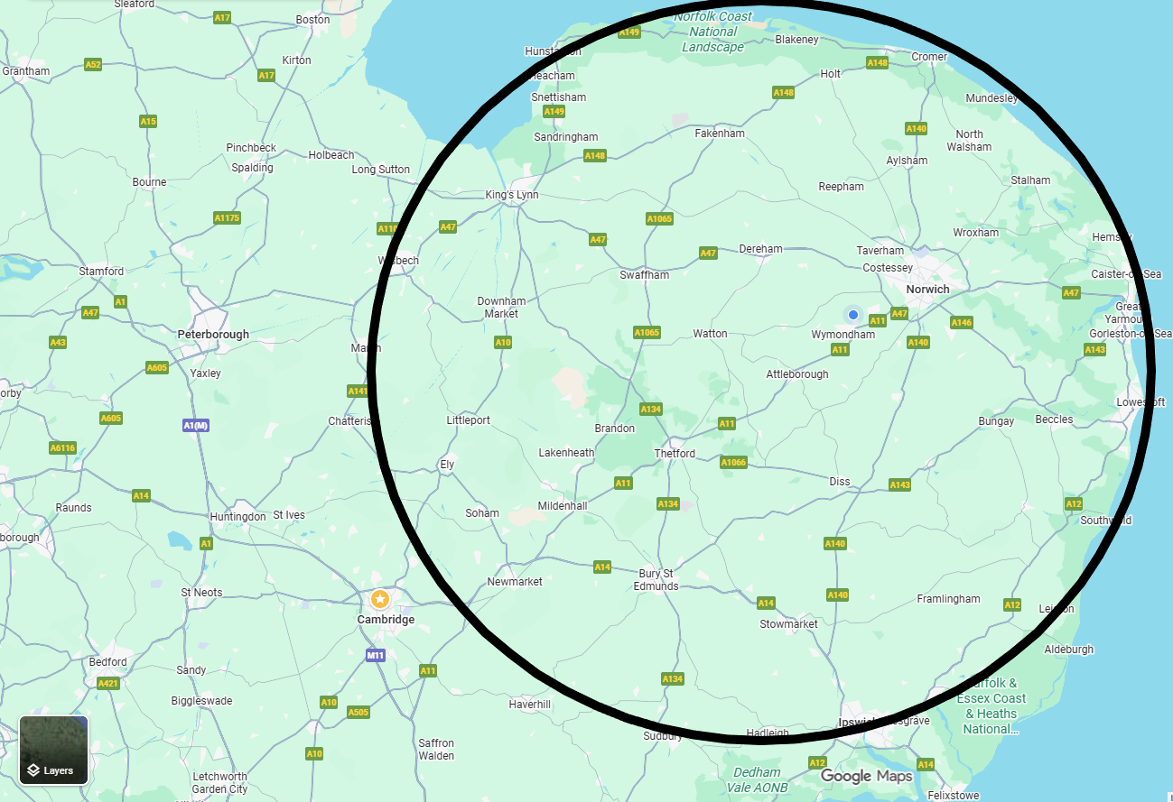 Map with a black circle highlighting Norfolk, Suffolk and Cambridge England. Coastal area at right.